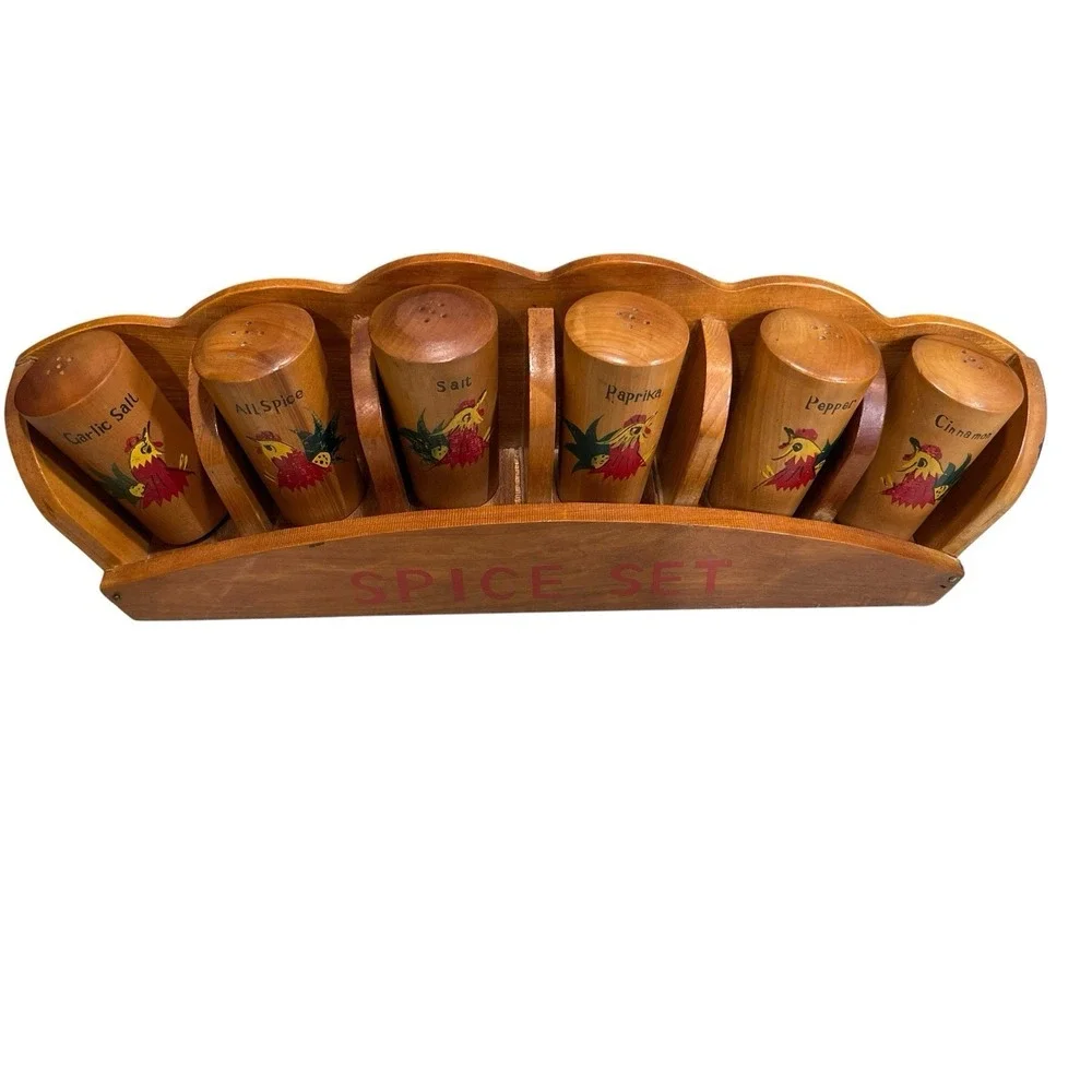 Vintage Wooden Spice Rack Rooster 6 Spice Containers Decor